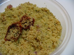 Bulghur wheat with sundried tomatoes and sauteed onions